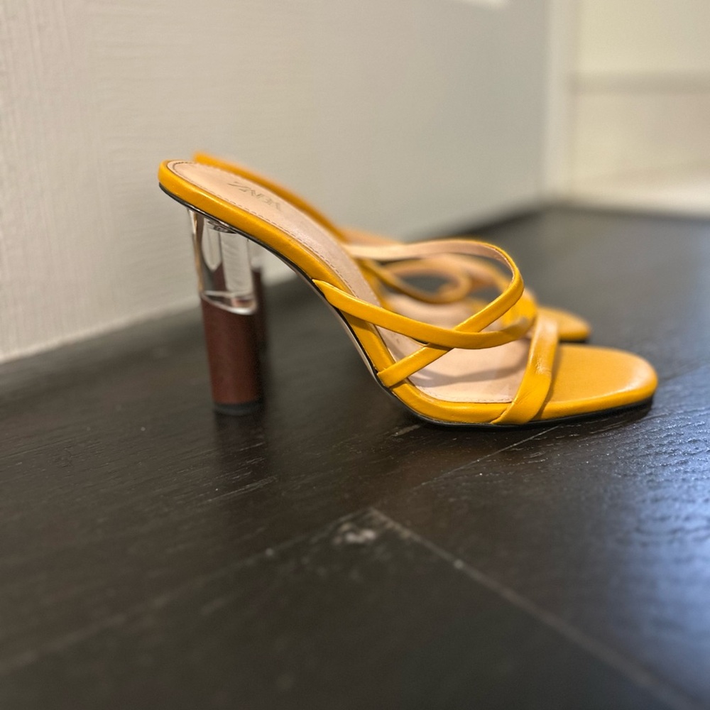 Zara Mustard Strappy Heels with Clear Block